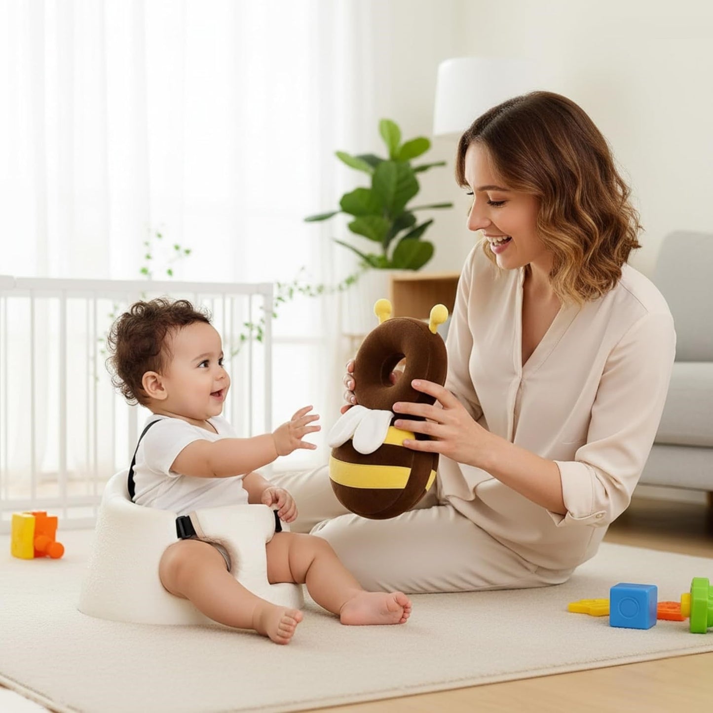 GIGGLI™ Baby Head Protector Cushion with Adjustable Straps, Bee-Shaped Plush Soft Baby Safety Helmet for Crawling & Walking, Lightweight Back Protection for Toddlers (Yellow & Brown, 6–24 Months)