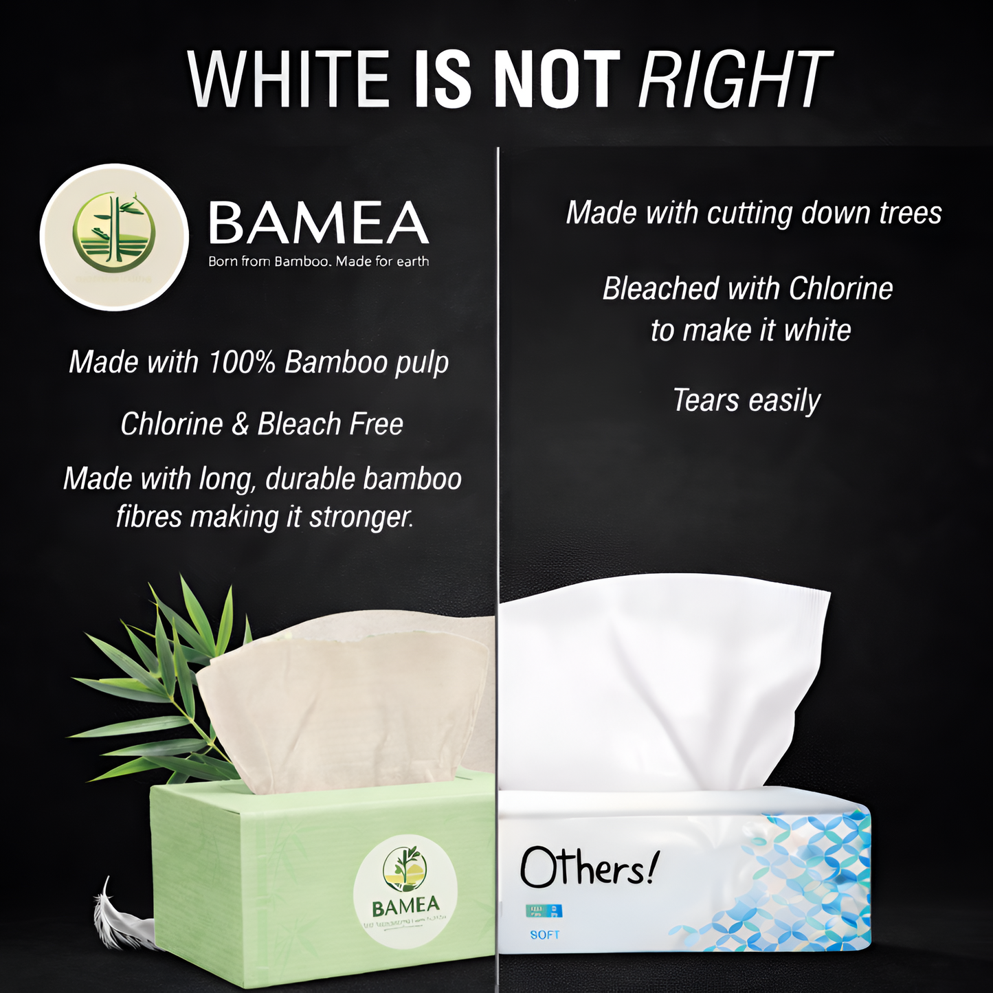 BAMEA Bamboo Facial Tissue Paper Box-Soft Pack |200 pulls x 3 packs | Super Soft, Skin Friendly & Highly Absorbent Face Tissue Napkins | Car Tissues | 100% Natural & Ecofriendly | 2 ply-600 Pulls