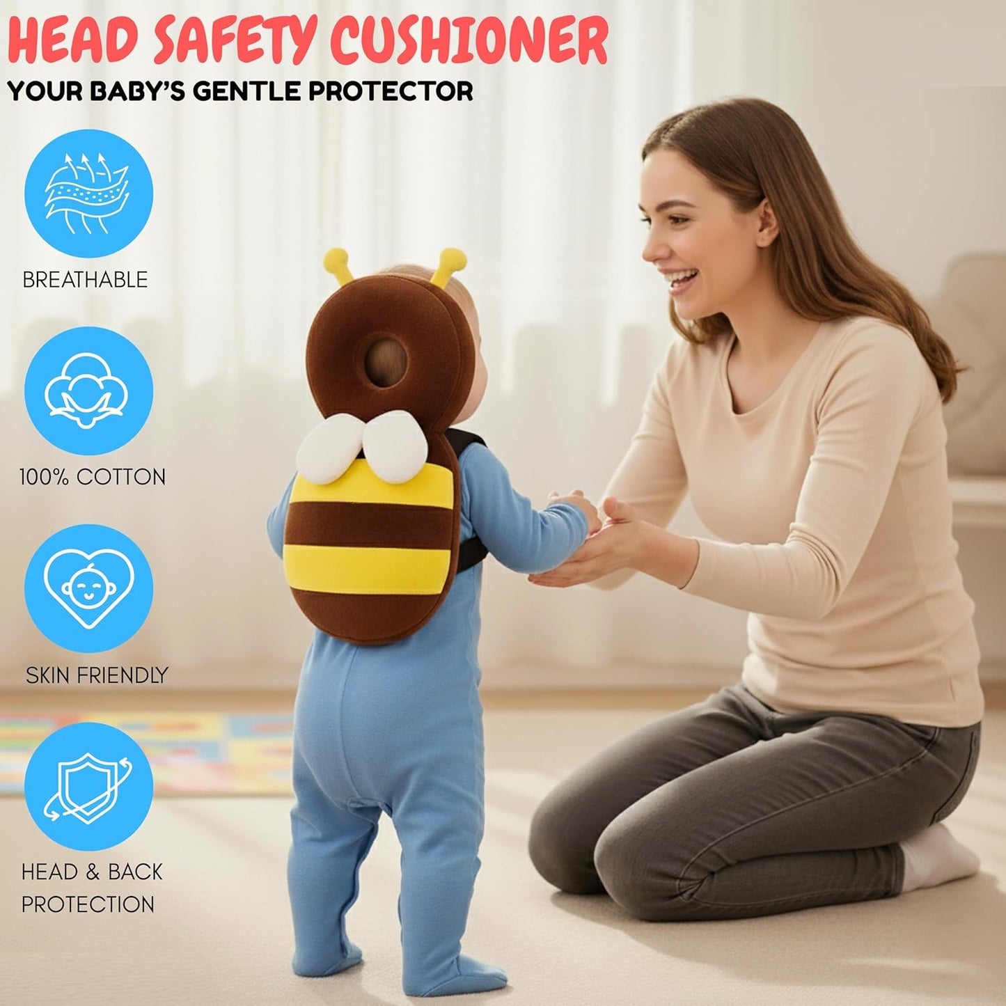 GIGGLI™ Baby Head Protector Cushion with Adjustable Straps, Bee-Shaped Plush Soft Baby Safety Helmet for Crawling & Walking, Lightweight Back Protection for Toddlers (Yellow & Brown, 6–24 Months)