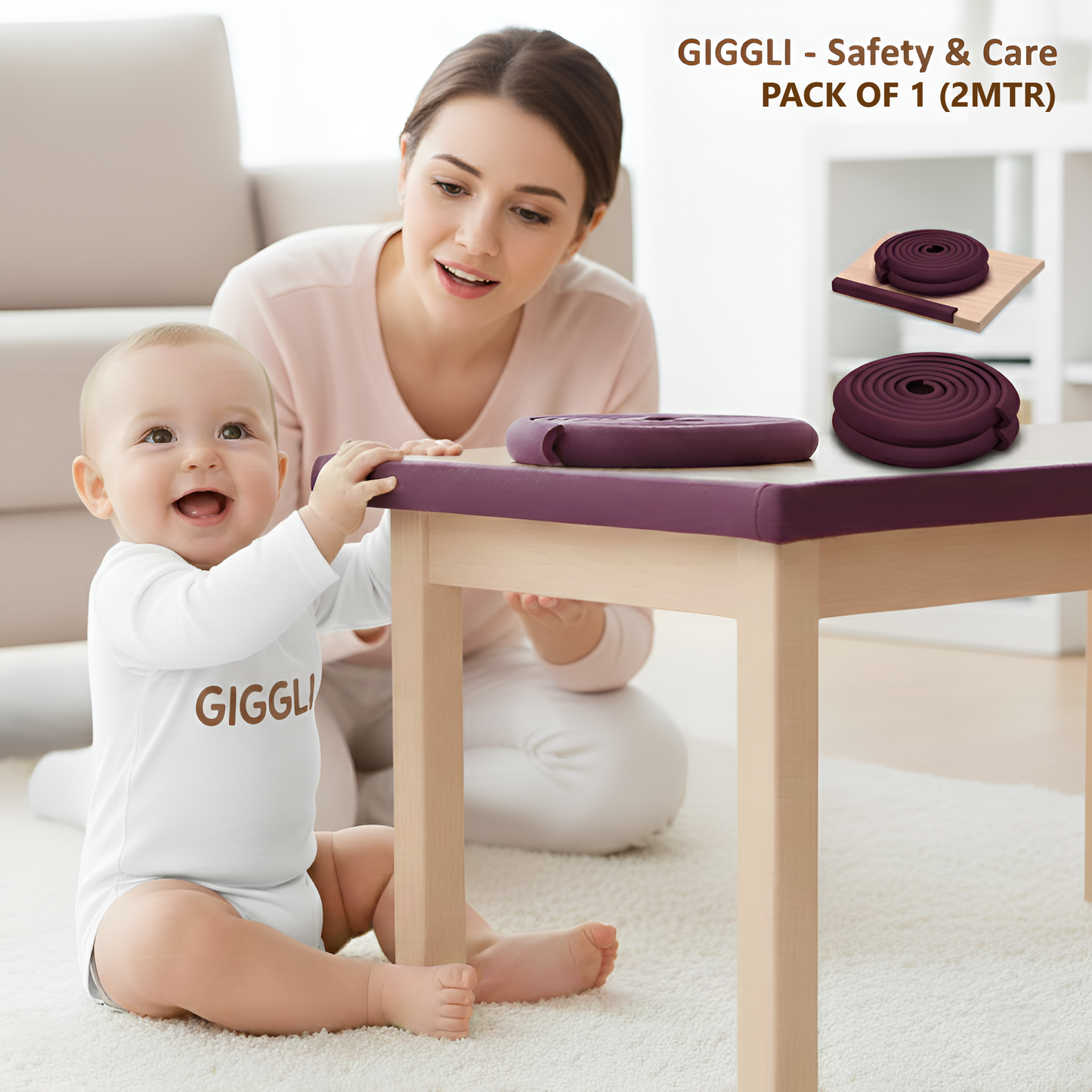 GIGGLI™ Brown Edge Guard 2 Meter – Baby Proofing Foam Edge Protector for Tables, Furniture & Sharp Corners (PACK OF 1)